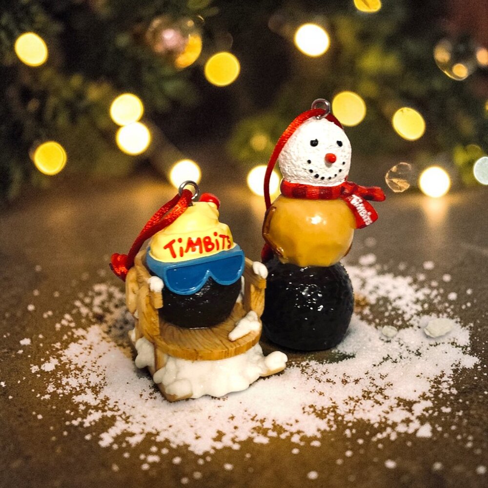 RARE Set of 2 Tim Hortons Timbits Donut Hole Christmas Ornament Sled Snowman